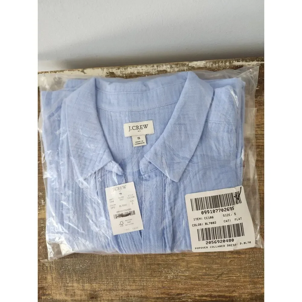 NWT J. Crew Short-Sleeve Gauze Popover Dress 100 % Cotton Blue S *Flaw